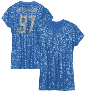 Aidan hutchinson detroit lions girls youth sequin player name number v neck dress Blue