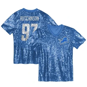 Aidan hutchinson detroit lions girls youth sequin v neck fashion jersey Blue