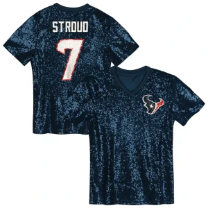 C.j. stroud houston texans girls youth sequin v neck fashion jersey Navy