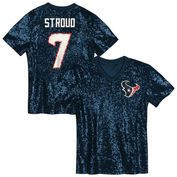 C.j. stroud houston texans girls youth sequin v neck fashion jersey Navy