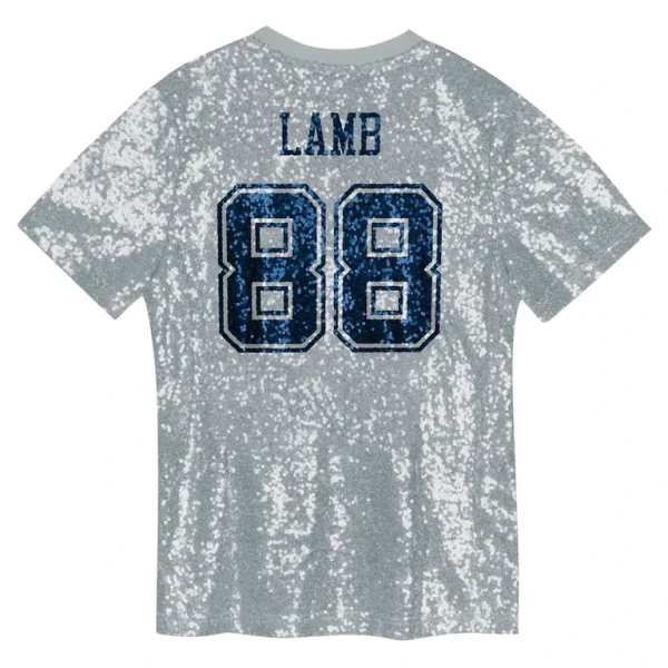 Ceedee lamb dallas cowboys girls youth sequin v neck fashion jersey Silver Yth L