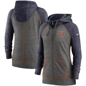 Chicago bears nike womens gym vintage raglan full zip hoodie Heathered charcoalnavy