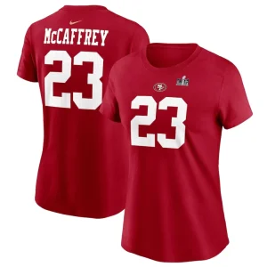 Christian mccaffrey san francisco 49ers nike womens super bowl lviii patch player name number t shirt Scarlet