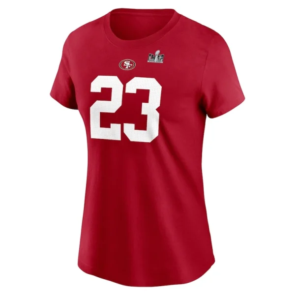 Christian mccaffrey san francisco 49ers nike womens super bowl lviii patch player name number t shirt Scarlet M