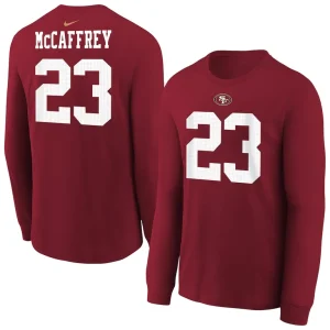 Christian mccaffrey san francisco 49ers nike youth player name number long sleeve t shirt Scarlet