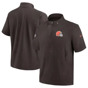 Cleveland browns nike sideline coach short sleeve hoodie quarter zip jacket Brown