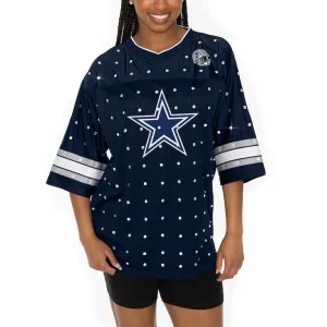 Dallas cowboys gameday couture womens kickoff time allover rhinestone sports stripe jersey v neck t shirt Navy