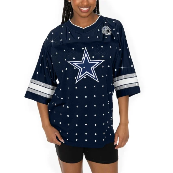 Dallas cowboys gameday couture womens kickoff time allover rhinestone sports stripe jersey v neck t shirt Navy