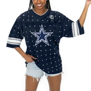 Dallas cowboys gameday couture womens kickoff time allover rhinestone sports stripe jersey v neck t shirt Navy M
