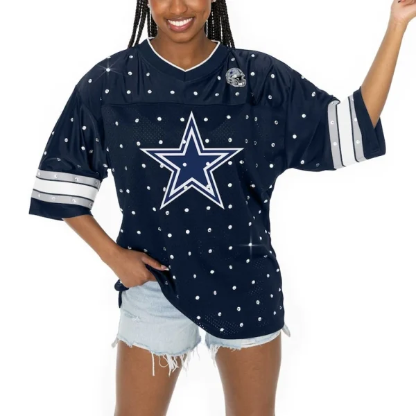 Dallas cowboys gameday couture womens kickoff time allover rhinestone sports stripe jersey v neck t shirt Navy M