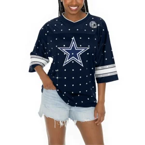 Dallas cowboys gameday couture womens kickoff time allover rhinestone sports stripe jersey v neck t shirt Navy S