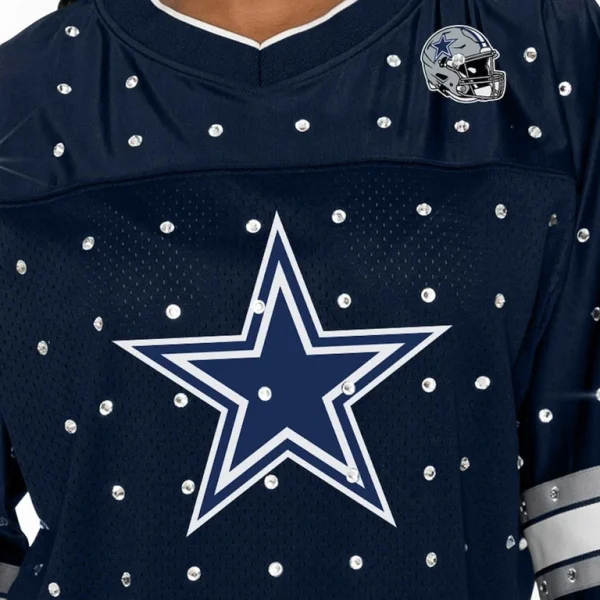 Dallas cowboys gameday couture womens kickoff time allover rhinestone sports stripe jersey v neck t shirt Navy XL
