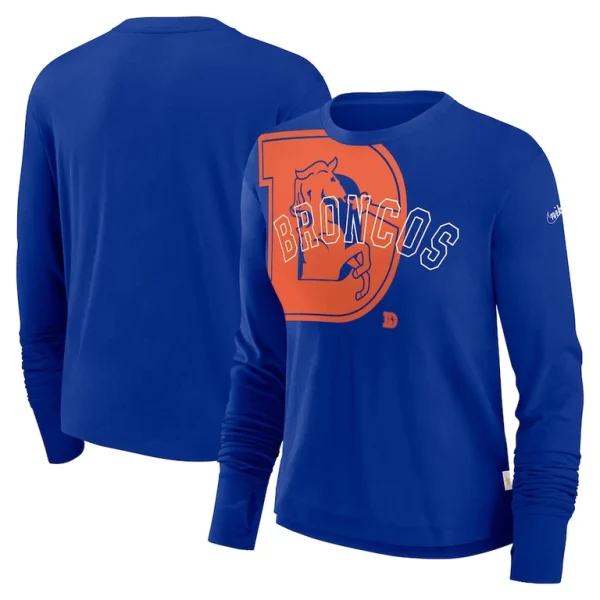 Denver broncos nike womens layered logo cropped long sleeve fashion t shirt Royal