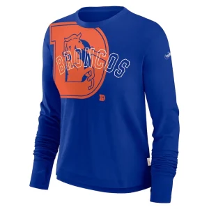 Denver broncos nike womens layered logo cropped long sleeve fashion t shirt Royal S