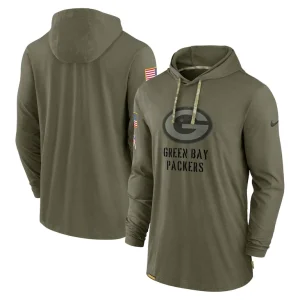 Green bay packers nike 2022 salute to service tonal lightweight long sleeve hooded t shirt Olive
