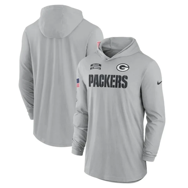 Green bay packers nike 2024 salute to service lightweight performance long sleeve hooded t shirt Gray