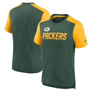 Green bay packers nike color block team name t shirt Heathered greenheathered gold