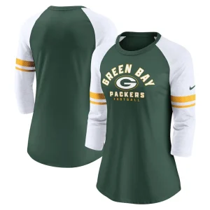 Green bay packers nike womens fashion 34 sleeve lightweight raglan fashion t shirt Green