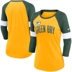Green bay packers nike womens football pride raglan 34 sleeve t shirt Heather goldheather green