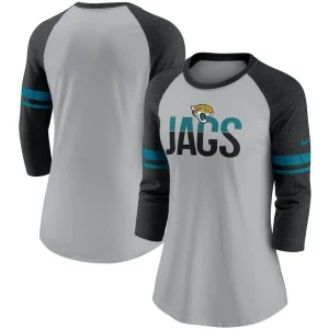 Jacksonville jaguars nike womens stripe mesh nickname tri blend 34 sleeve t shirt Heathered grayblack