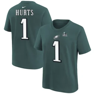 Jalen hurts philadelphia eagles nike youth super bowl lix player name number t shirt Midnight green
