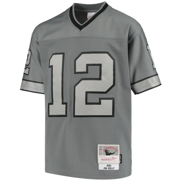 Jim kelly buffalo bills mitchell ness youth 1990 retired player metal replica jersey Charcoal Yth M