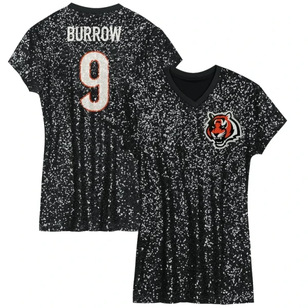 Joe burrow cincinnati bengals girls youth sequin player name number v neck dress Black