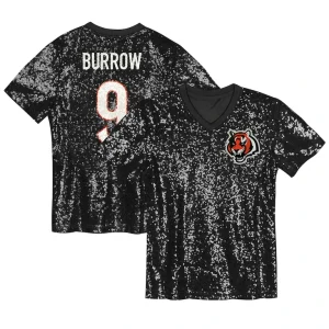 Joe burrow cincinnati bengals girls youth sequin v neck fashion jersey Black