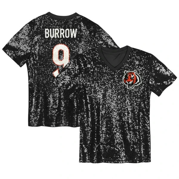 Joe burrow cincinnati bengals girls youth sequin v neck fashion jersey Black