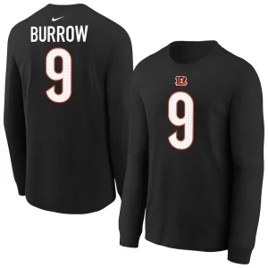 Joe burrow cincinnati bengals nike youth player name number long sleeve t shirt Black