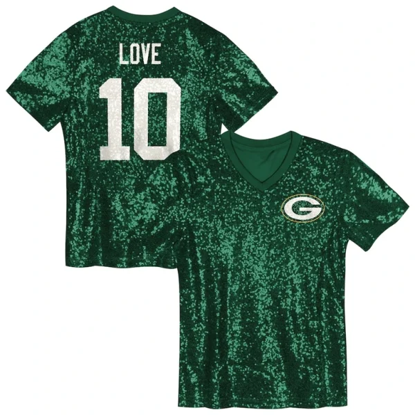 Jordan love green bay packers girls youth sequin v neck fashion jersey Green
