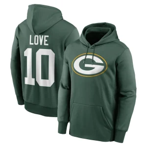 Jordan love green bay packers nike player name number performance pullover hoodie Green