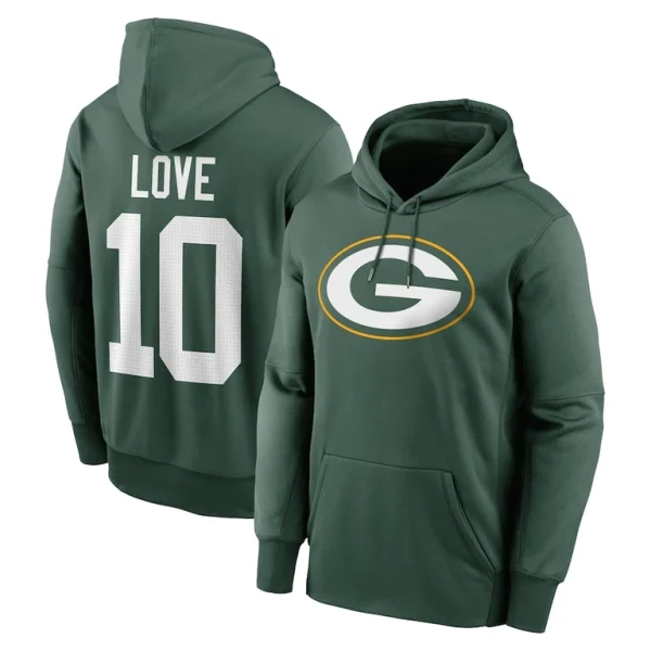 Jordan love green bay packers nike player name number performance pullover hoodie Green