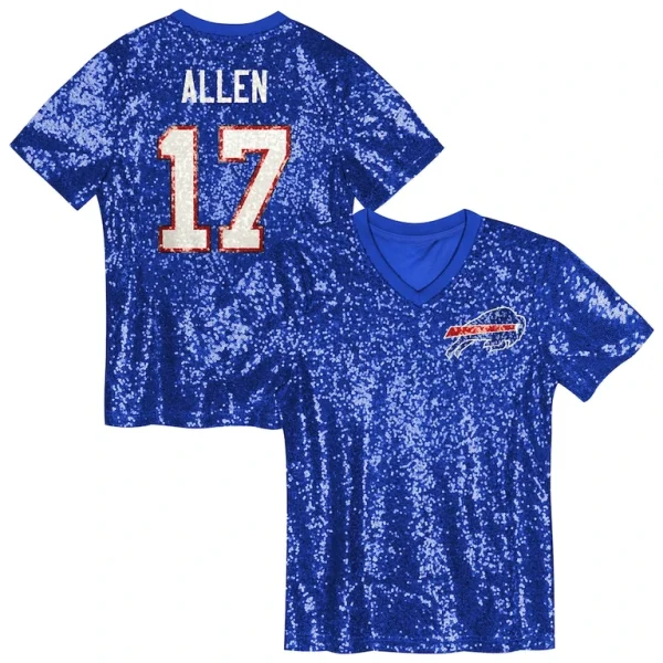 Josh allen buffalo bills girls youth sequin v neck fashion jersey Royal