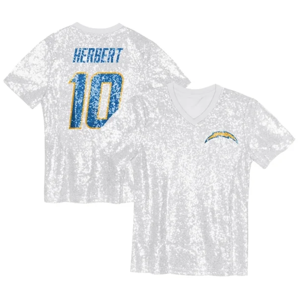 Justin herbert los angeles chargers girls youth sequin v neck fashion jersey Powder blue