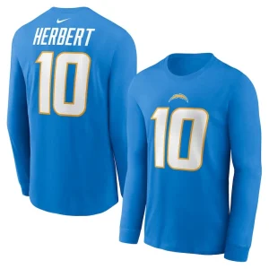 Justin herbert los angeles chargers nike player name number long sleeve t shirt Powder blue