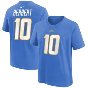 Justin herbert los angeles chargers nike youth player name number t shirt Powder blue