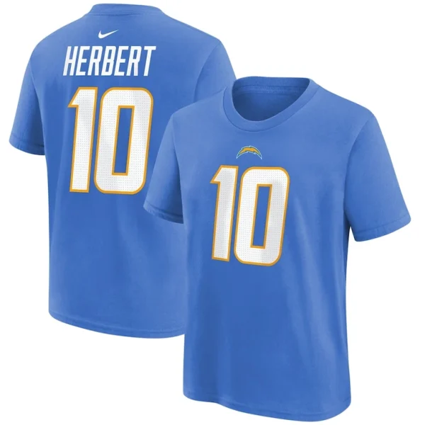 Justin herbert los angeles chargers nike youth player name number t shirt Powder blue