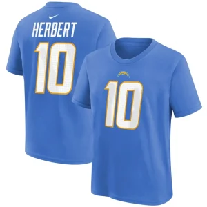 Justin herbert los angeles chargers nike youth player name number t shirt Powder blue