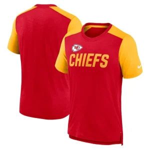 Kansas city chiefs nike color block team name t shirt Heathered redheathered gold