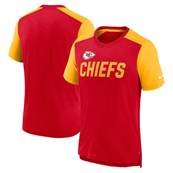 Kansas city chiefs nike color block team name t shirt Heathered redheathered gold