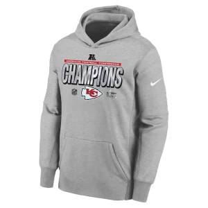 Kansas city chiefs nike youth 2024 afc champions locker room trophy collection fleece pullover hoodie Heather gray Yth M