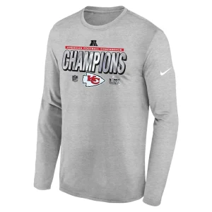 Kansas city chiefs nike youth 2024 afc champions locker room trophy collection long sleeve t shirt Heather gray Yth M