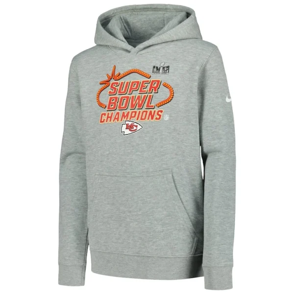 Kansas city chiefs nike youth super bowl lviii champions locker room trophy collection pullover hoodie Gray Yth M