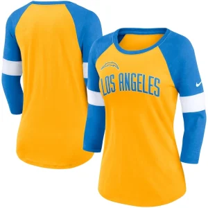 Los angeles chargers nike womens football pride raglan 34 sleeve t shirt Heather goldheather powder blue