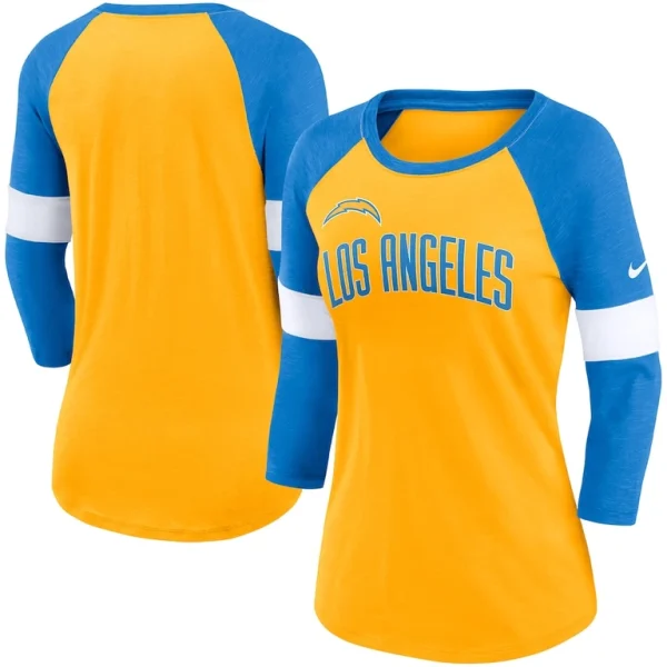 Los angeles chargers nike womens football pride raglan 34 sleeve t shirt Heather goldheather powder blue