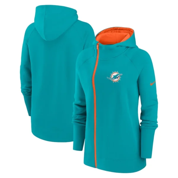 Miami dolphins nike womens asymmetrical raglan full zip hoodie Aqua