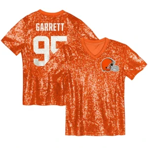 Myles garrett cleveland browns girls youth sequin v neck fashion jersey Orange