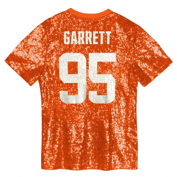Myles garrett cleveland browns girls youth sequin v neck fashion jersey Orange Yth L