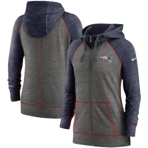 New england patriots nike womens gym vintage raglan full zip hoodie Heathered charcoalnavy